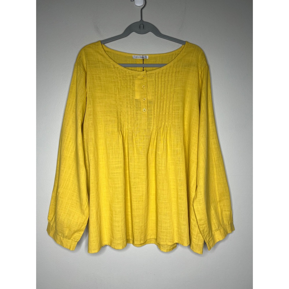 Cellabie Yellow Cotton Gauze Boho Peasant Top Blouse Pintuck Plus Size 2XL NWT